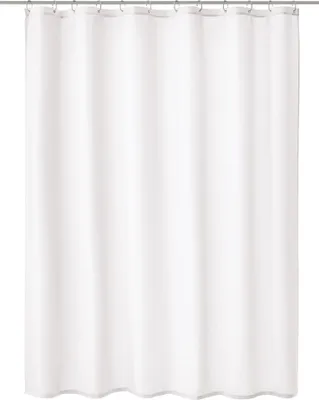 A white textile shower curtain hanging from a shower rod.