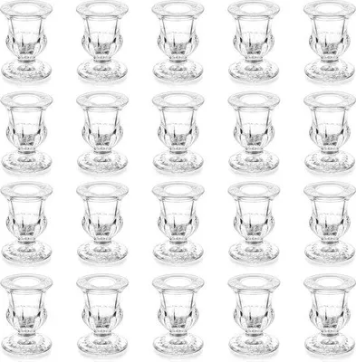 Produktbild von Unyqoos® Glas-Kerzenhalter 20er Set – kleine klare Halter aus dickem Glas, 4,8×6,1 cm, für Stabkerzen Ø 2,2 cm & LED, Vintage Tischdeko Hochzeit Advent Weihnachten