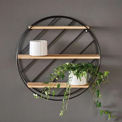 Produktbild von Wandregal "Circle" aus Metall schwarz, 3 Holzböden, Hängeregal rund, Dekoregal, Wanddeko, Küchenregal