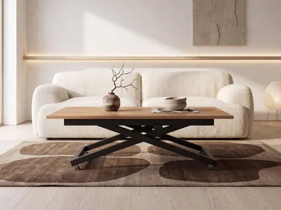 Produktbild von Couchtisch Höhenverstellbar Ausziehbar – Wohnzimmertisch & Esstisch mit Rollen, Schwarzem X-Gestell – 120 x 80 cm bis 160 x 80 cm – Eiche Braun