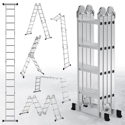 Obrázek produktu pro Eikuavons 7v1 univerzální žebřík, 4x4 stupně z hliníku, výška cca 470 cm / 4,7 m, multifunkční kloubový žebřík, skládací žebřík a štafle, maximální nosnost 150 kg