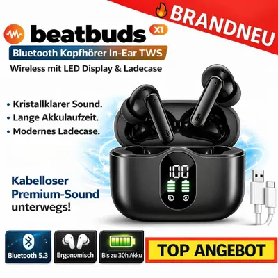 Obrázok produktu pre Slúchadlá beatbuds™ X1 Bluetooth In-Ear TWS Wireless s LED displejom a nabíjacím puzdrom: čierne
