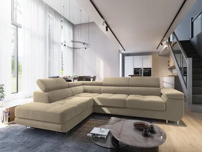 Produktbild von Masseno Narożnik SELVA L-S z funkcją spania i pojemnikiem na pościel Kształt L, Rozkładana sofa, Rogówka - Kremowy, MONOLITH 04