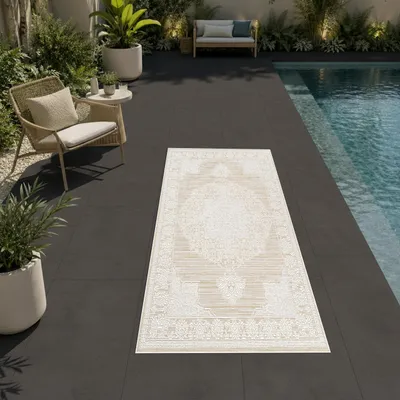 Produktbild von Teppich Beige Creme pflegeleicht für Wohnzimmer Balkon Terrasse Größe - 60 x 90 cm