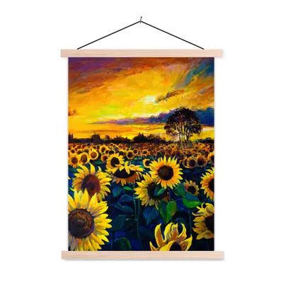 Produktbild von MuchoWow® Textilposter Gemälde - Ölfarbe - Blumen - Sonnenblume 120x160 cm mit holzfarbenen Rahmen - Plakatkarton