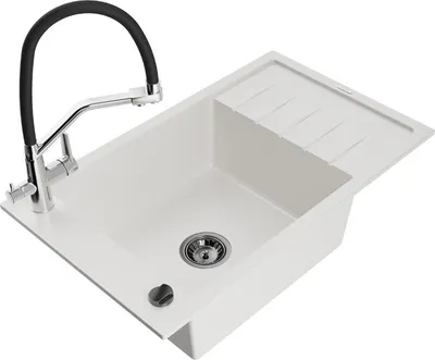 Produktbild von Mexen Elias 1 Becken-Granitspüle mit Abtropffläche und Mischbatterie Duo, Weiß - 6511-20-671701-07-B