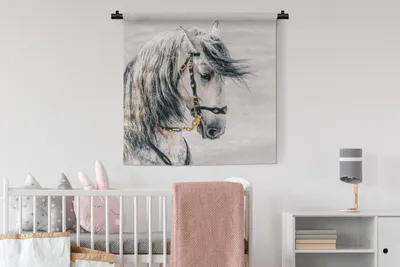 Produktbild von MuchoWow® Wandteppich Wandbehang Pferd - Weiß - Gold 90x90 cm Tapisserie Dekoration Wandtuch - Wandaufhänger