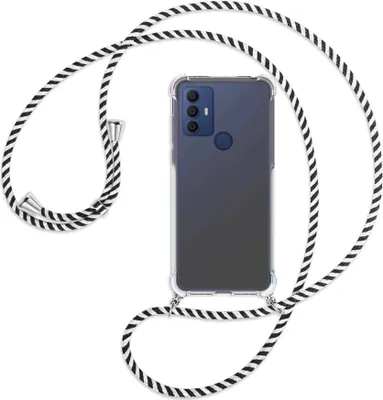 Produktbild von Handykette Backcover-Schutzhülle mit Band (Metall silberfarben) für TCL 30 SE, TCL 305, TCL 306 - schwarz/weiß gestreift
