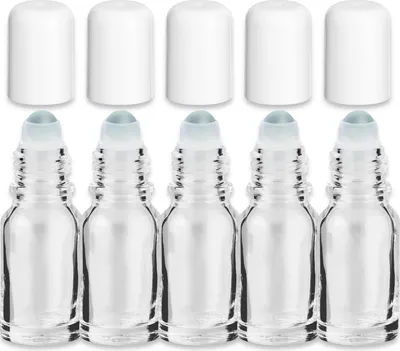 Produktbild von x5 Glasflasche klar 10 ml Roll-On mit weißer Kappe Miniflasche 18/415