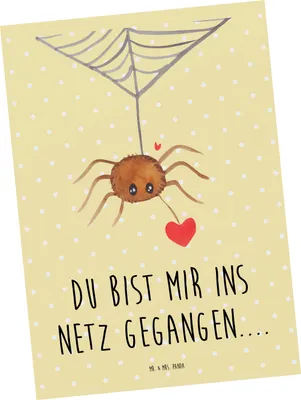Produktbild von Mr. & Mrs. Panda Postkarte Spinne Agathe Liebe - Gelb Pastell - Geschenk, Verliebt, bildkarte, spruchkarte, Liebesgeschenk, Ansichtskarte, kunstkarte, Liebesbeweis