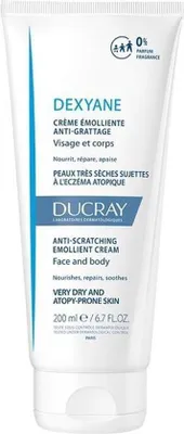 A white tube of Ducray Dexyane Anti-Scratching Emollient Cream.