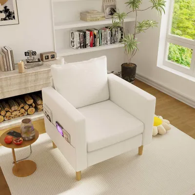 Imagen del producto de Sillón de chenilla AIORBER, cómodo, con cojín y bolsillo, estilo escandinavo, ideal para leer y relajarse, para sala de estar, sillón individual, color beige, para uso en interiores