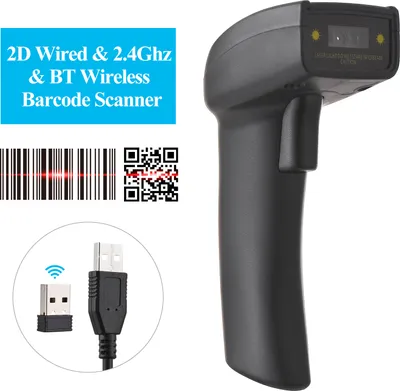 Obrázek produktu pro 2D bezdrátový BT+2.4G snímač čárových kódů Ruční USB kabelová čtečka 1D čárových kódů Ruční čtečka 640*480 CMOS Scan Podpora papíru a obrazovky Kód Kompatibilní s Windows Android MAC pro Supermarket Maloobchodní prodejna Knihovna Logistika Sklad Celní systémy