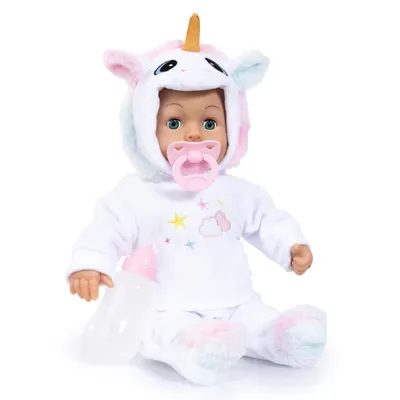 Produktbild von Bayer Design 93824CU Babypuppe interaktiv, Spielpuppe sprechend, 24 Babylaute, Schlafaugen, weicher Körper, 38 cm, Schnuller und Flasche