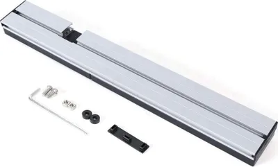 A woodworking tool, specifically an aluminum box joint jig, is laid out on a white background with its accessories.