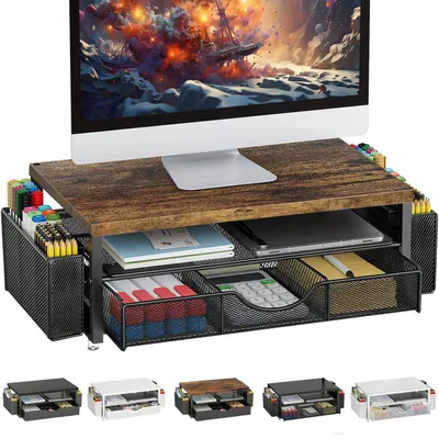 Obrázek produktu pro Stojan na monitor se zásuvkou, dvoustupňový podstavec, organizér na psací stůl, kov a dřevo
