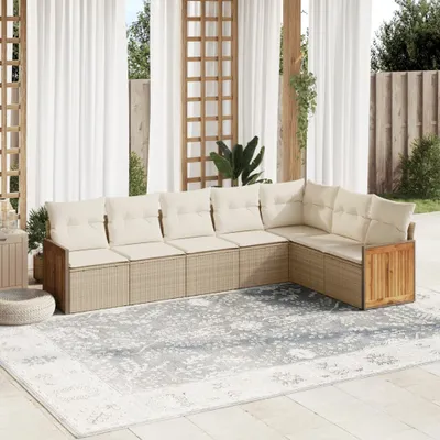 Produktbild von Design 7-tlg. Garten-Sofagarnitur mit Kissen Beige Poly Rattan, Gartenmöbel-Sets 2024 Neu