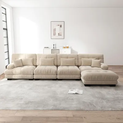 Produktbild von Modulares L-förmiges Ecksofa-Set, 4-Sitzer Cloud-Couch mit beweglichem Ottoman & DIY-Kombination für Wohnzimmer, Chenille, Hellbraun