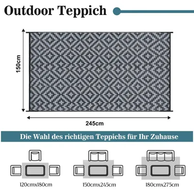 Image de Tapis d'extérieur 150x245 cm, résistant aux intempéries, imperméable, noir, gris