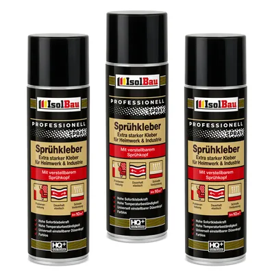 Three cans of Isolbau spray adhesive are arranged side-by-side against a white background.