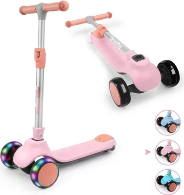Produktbild von BremToy Kinder Scooter mit höhenverstellbarem Lenker, Tretroller mit LED-Rädern, faltbarer Kickscooter für Kinder von 2-12 Jahren, Rosa