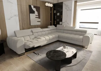 Productafbeelding van Eckbank met slaapfunctie, model BASTIEN RELAX, bekleed met stof Aragon in beige kleur, met een losse poef aan de rechterkant