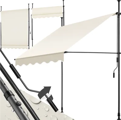 A cream-colored awning with a scalloped edge, supported by black poles, is shown in an extended position. Another awning is shown retracted in the background. A close-up detail of the awning's adjustable pole mechanism is also visible.