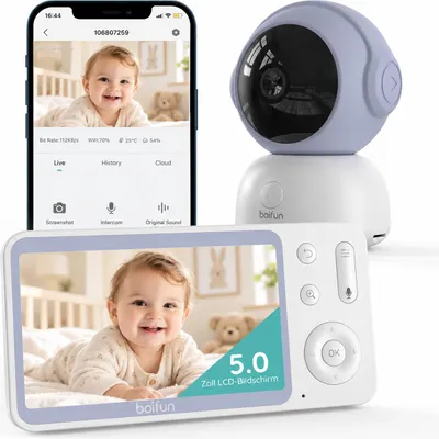 Produktbild von 5 Zoll Babyphone mit Kamera 2K Babyfon Video PTZ 355° Bewegungs und Geräuscherkennung Temperatur Luftfeuchtigkeit mobiles Tracking
