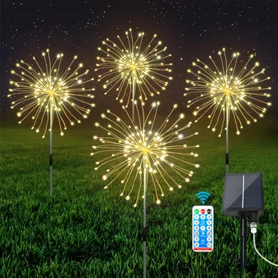 Produktbild von 4 Stück 120 LED Solar Feuerwerk Lichterkette 8 Lichtmodi Pusteblume Gartenleuchten mit Fernbedienung, Warmweiß