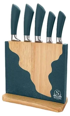 Productafbeelding van Set van 6 messen met messenblok - Keukenmessen met ergonomische handgrepen - Blauw