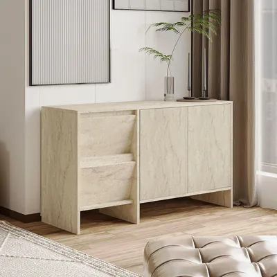 Produktbild von Skye Decor, Hochwertiger Konsolentisch, Travertin, 130 x 81,8 x 44 cm | 100% melaminbeschichtete Spanplatte, 18 mm dick | Mit zahlreichen Regalen, wandmontierbar, ideal für modernes Wohnen.