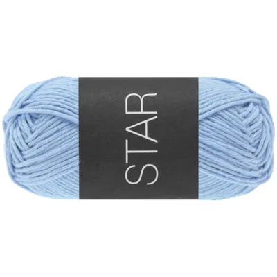 A ball of light blue yarn with a black label.