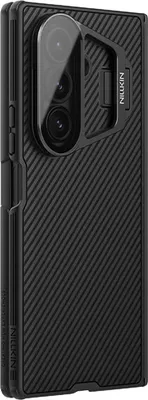 A black phone case with a textured surface and a camera protector is shown from a side angle.