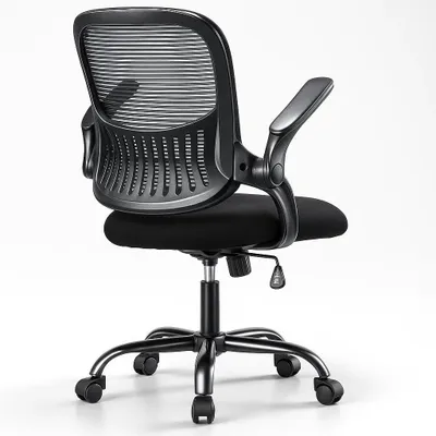 A black office chair is shown from the back, with a white background.