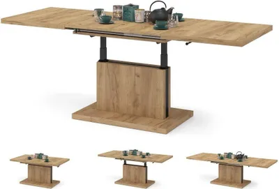 A wooden extendable and height-adjustable coffee table with a central pedestal base, shown in its extended state with decorative items on top. Below are three smaller images showing the table in different configurations.