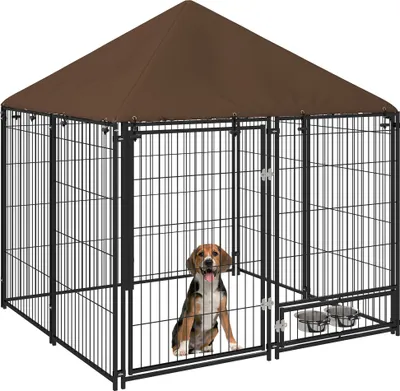 Produktbild von PawHut Hundehütte mit Markise, Outdoor-Hundepark aus Metall mit drehbarem Futterständer, 2 Näpfen für Terrasse, Garten, Terrasse, 141 x 141 x 151 cm, Schwarz
