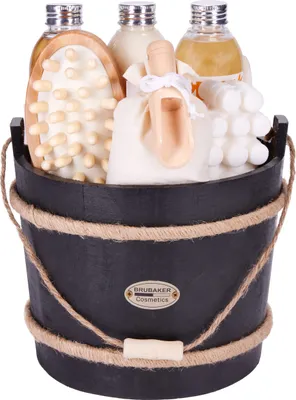 Produktbild von BRUBAKER Cosmetics Wellness Badeset - Mango Pfirsich - 9-teiliges Geschenkset mit Pflege- und Massage Accessoires im dekorativen Badefass