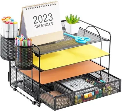 Produktbild von Unyqoos® Schreibtisch-Organizer mit 4 verstellbaren Ablagen, 2 Stiftehaltern & Schublade, Metallgeflecht mit Stahlrahmen für Zuhause & Büro