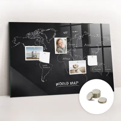 Obrázok produktu pre Magnetická tabuľa na stenu - Memo Tabuľa Sklenená - vrátane 5 magnetov - 90x60 cm - Mapa sveta krajín
