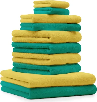 Produktbild von Betz 10-tlg. Handtuch-Set PREMIUM 2 Duschtücher 4 Handtücher 2 Gästetücher 2 Waschhandschuhe  Farbe: smaragdgrün & gelb