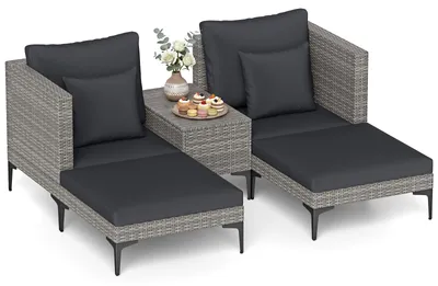 Produktbild von COSTWAY 5-tlg. Polyrattan Gartenmöbel Set, Balkonmöbel inkl. 2 Stühle mit Kissen, Hocker & Tisch, Terrassenmöbel Balkonset Gartengarnitur Sitzgruppe
