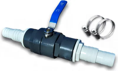 Produktbild von Wartungshahn massive Ausführung aus PVC m. Edelstahlgriff und 2x Edelstahl Schlauchschellen für Schlauch Ø 32 / 38mm - Pool Absperrhahn Absperrventil Kugelhahn