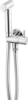 A close-up studio shot of a chrome bidet hand shower set with a hose and a wall mount.