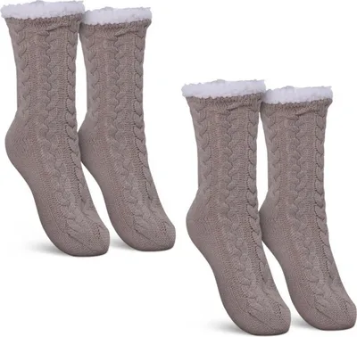 Produktbild von Haussocken (Beige / 2 Paar) Damen mit Teddyfutter - Hüttensocken mit Anti-Rutsch-Sohle - ABS Norweger Socken Zopfmuster - Kuschelsocken Einheitsgröße Stopper