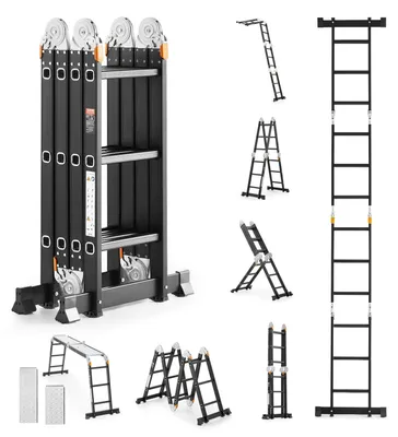 Produktbild von VEVOR Mehrzweck-Faltleiter, 7-in-1 Hohe Teleskopleiter, A-Rahmen 4-Stufen Teleskopleiter, 15,5 Fuß Reichhöhe, Schwerlast verstellbare Leiter, 150 kg Tragfähigkeit für Zuhause und im Freien, 3 Schritte-Sprühfarbe-Gerüstbrett