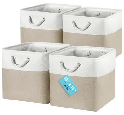 Image de Lot de 4 paniers de rangement beige/blanc avec poignées