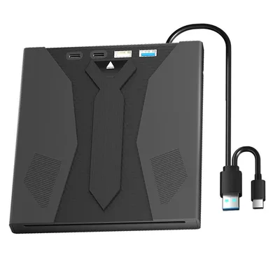 A black external drive with a USB 3.0 and Type-C cable attached, shown from a top-down diagonal angle against a white background.