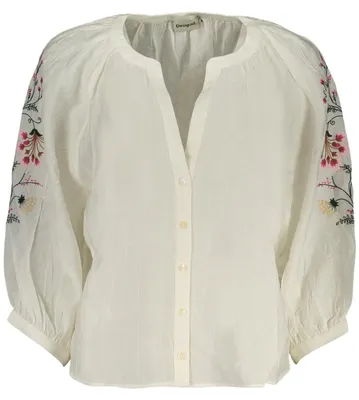 Produktbild von Weiße Damenbluse mit Stickerei & V-Ausschnitt - Elegante 3/4 Ärmel