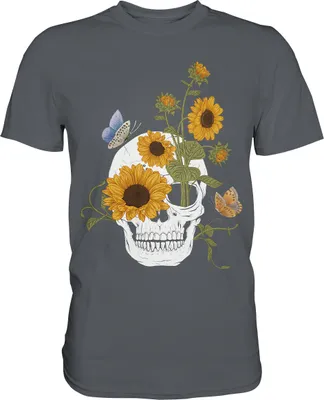 Produktbild von Totenkopf Sonnenblumen Shirt Gärtner Schmetterling Garten Motiv – Dark Grey / L