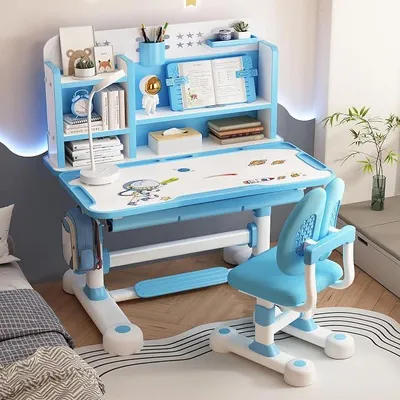 Produktbild von Höhenverstellbarer Kinderschreibtisch und Stuhl-Set, Kinderschule, Arbeitsschreibtisch mit verbreitertem Desktop, Haltungskorrektur-Design, Aufbewahrungsschrank und Schubladen, Schreib- und